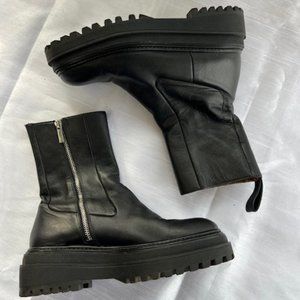 ZARA Black Leather PLATFORM COMBAT BOOTS Chelsea Style with Zipper Size 38